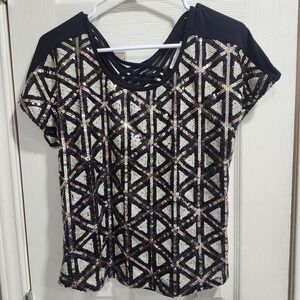Black Gold Sequin Geometric Top Strappy Back Oversized Fit‎ Women's XS
